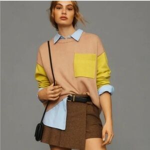 Dolan Colorblock Brown and Green Crewneck Sweater with Pocket Size M